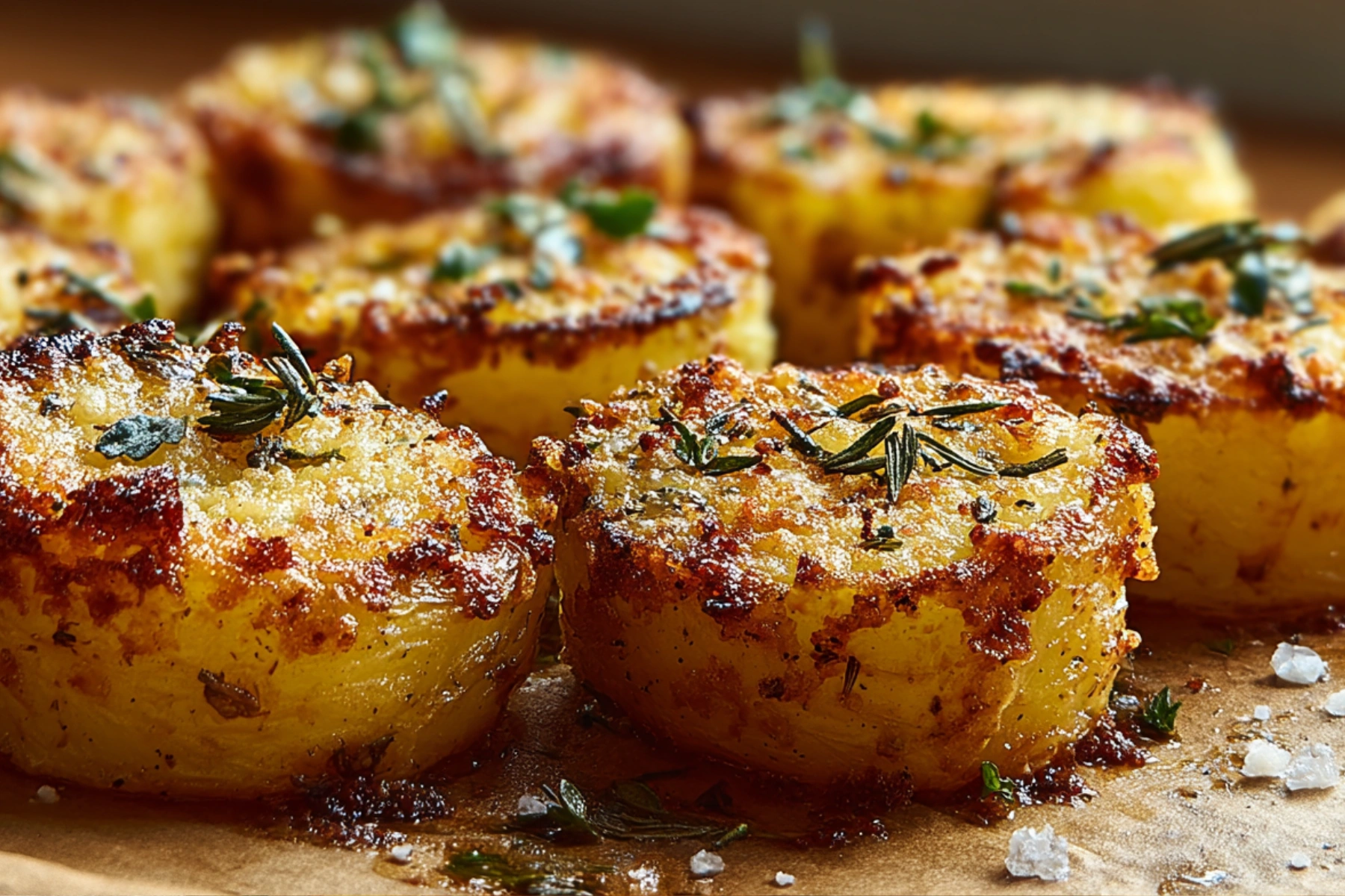 Crispy garlic parmesan potatoes roasted until golden with a cheesy crust and fresh parsley