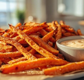 Crispy oven baked sweet potato fries served on a tray with dipping sauce