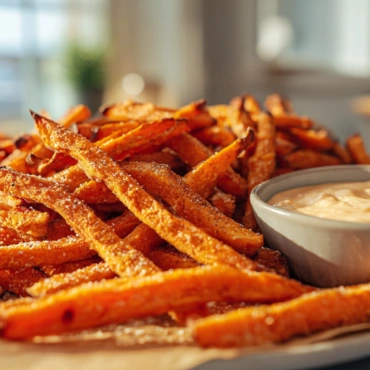 Crispy oven baked sweet potato fries served on a tray with dipping sauce