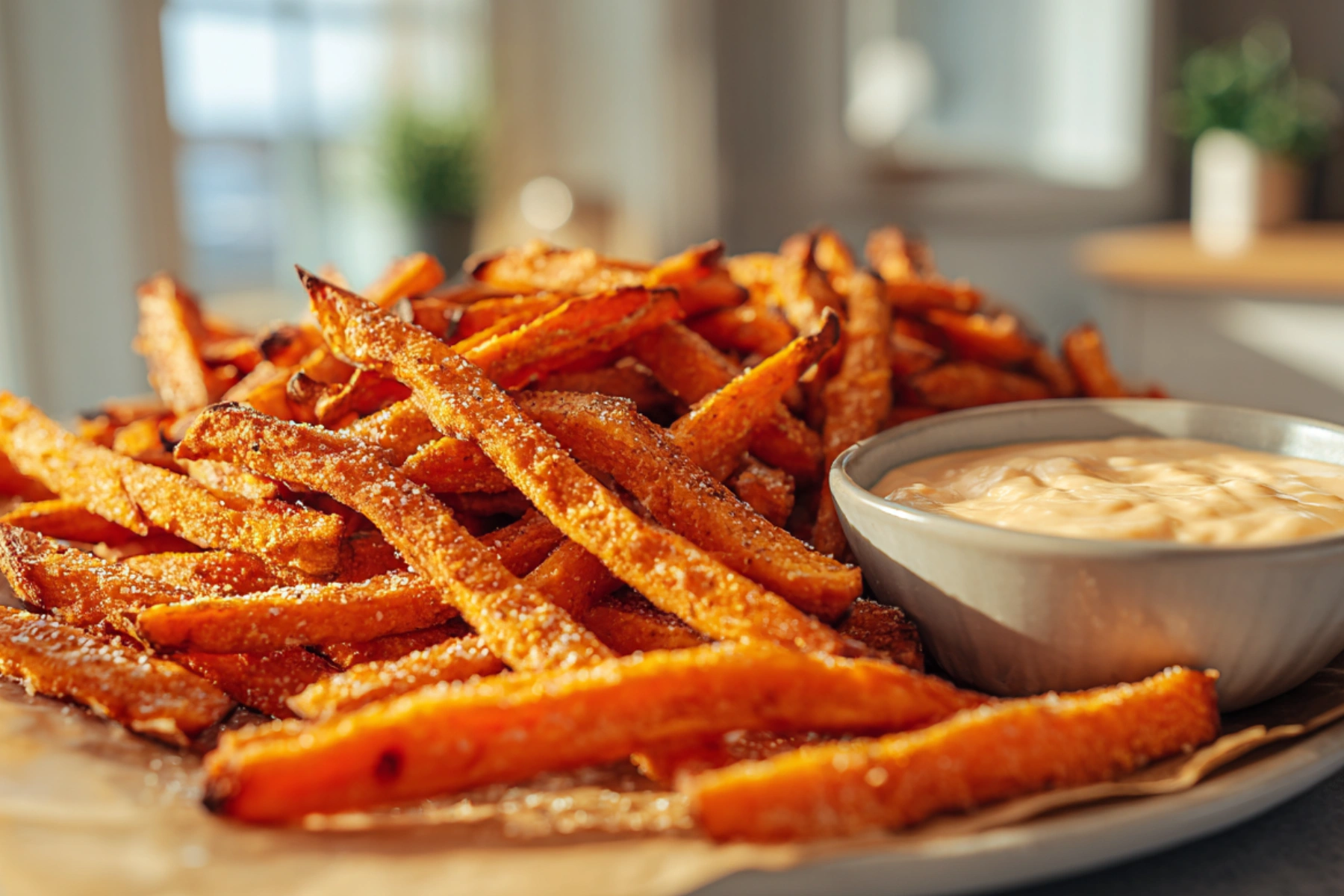 Crispy oven baked sweet potato fries served on a tray with dipping sauce