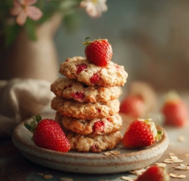 Perfect Strawberry Oatmeal Cookies on a cooling rack in a bright modern kitchen