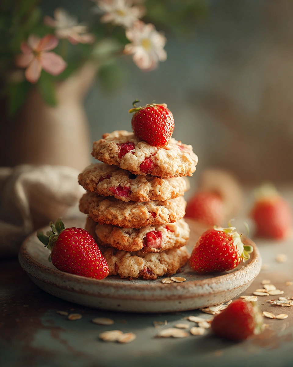 Perfect Strawberry Oatmeal Cookies on a cooling rack in a bright modern kitchen