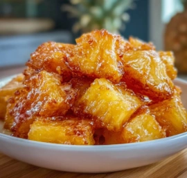 Delicious air-fried pineapple chunks ready to enjoy as a healthy snack