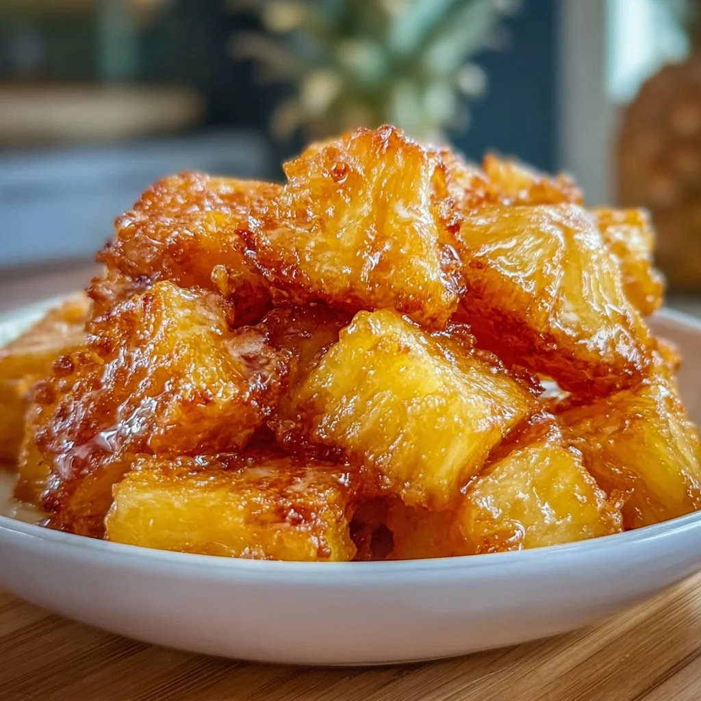 Delicious air-fried pineapple chunks ready to enjoy as a healthy snack