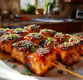 Asian grilled salmon skewers with honey garlic glaze and sesame seeds