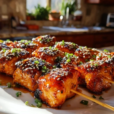 Asian grilled salmon skewers with honey garlic glaze and sesame seeds