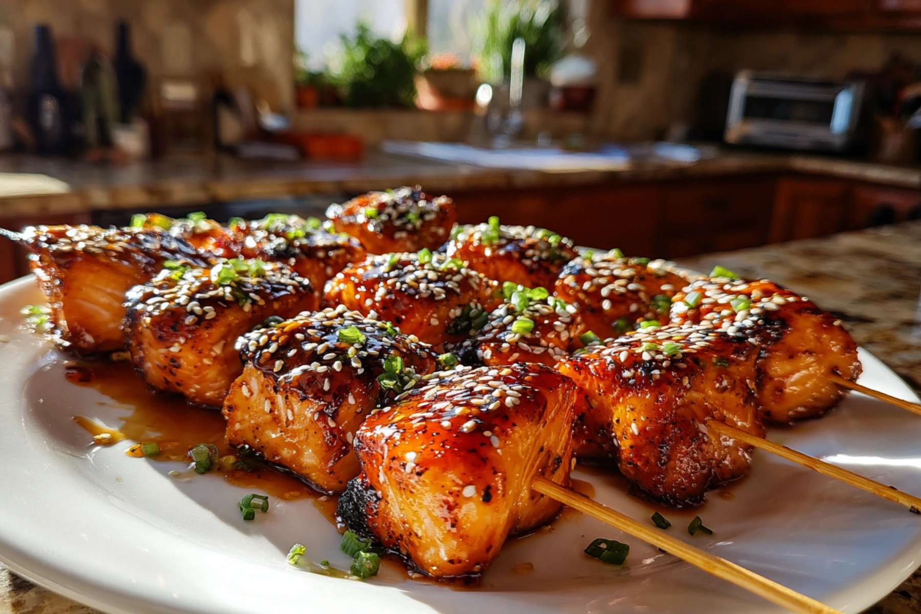 Asian grilled salmon skewers with honey garlic glaze and sesame seeds