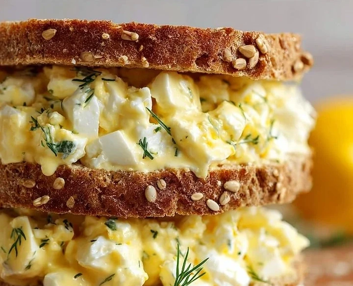 Delicious cottage cheese egg salad sandwich on a plate with fresh herbs.