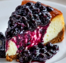 Delicious blueberry cheesecake topped with fresh blueberries and whipped cream.