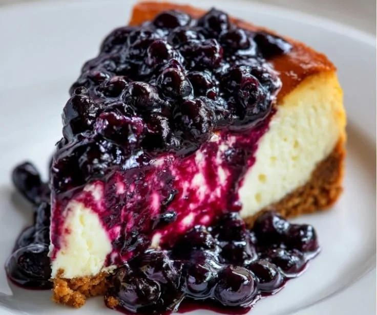 Delicious blueberry cheesecake topped with fresh blueberries and whipped cream.