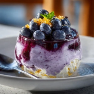 Delicious blueberry cottage cheese mousse topped with fresh blueberries