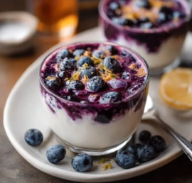 A delicious blueberry latte topped with foam and blueberries.