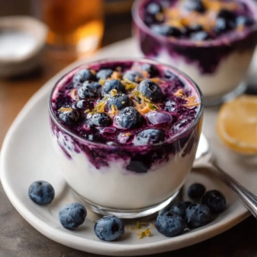 A delicious blueberry latte topped with foam and blueberries.
