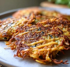 Golden brown cabbage fritters served with dipping sauce