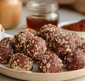 Chocolate peanut butter quinoa crunch bites stacked on a plate with visible crispy quinoa texture