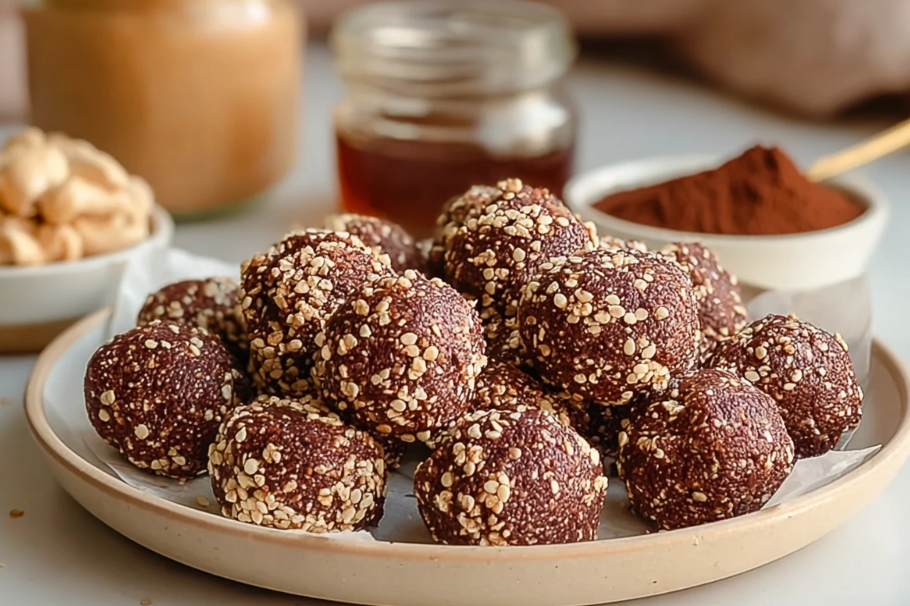 Chocolate peanut butter quinoa crunch bites stacked on a plate with visible crispy quinoa texture