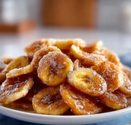 Cinnamon-sugar air fryer banana chips served in a bowl