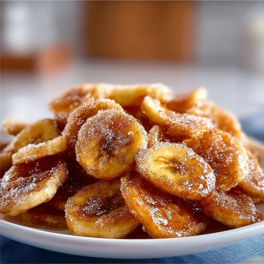Cinnamon-sugar air fryer banana chips served in a bowl
