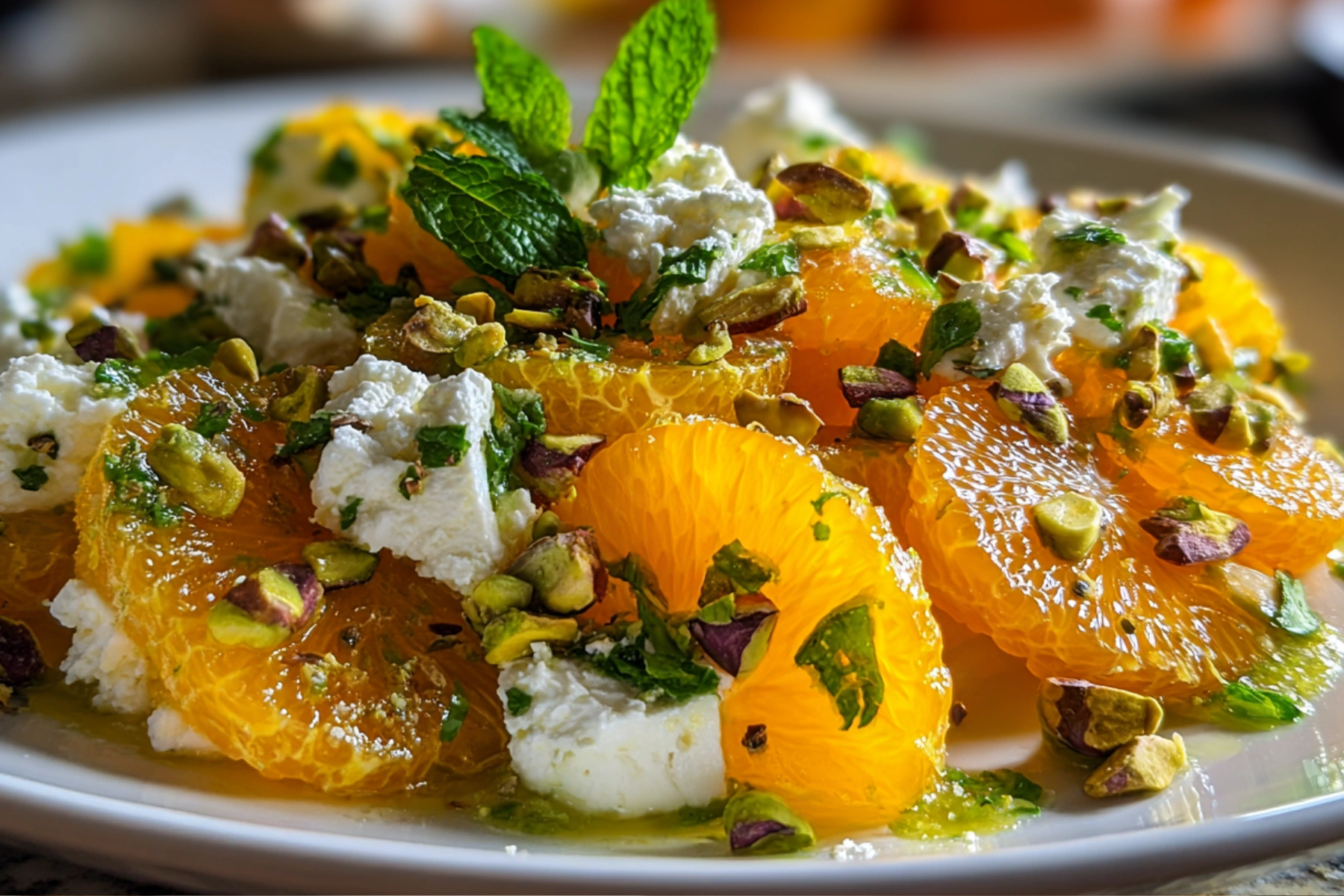 Citrus feta salad with orange segments pistachios and mint