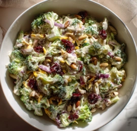 Creamy broccoli cheddar salad with cranberries red onion and sunflower seeds in a white bowl
