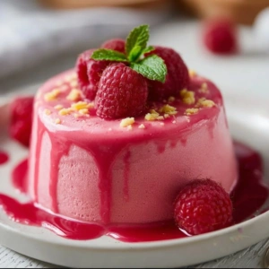 Creamy cottage cheese raspberry mousse served in a glass.