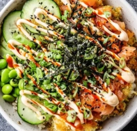 Delicious Crispy Rice Sushi Bowl topped with fresh ingredients