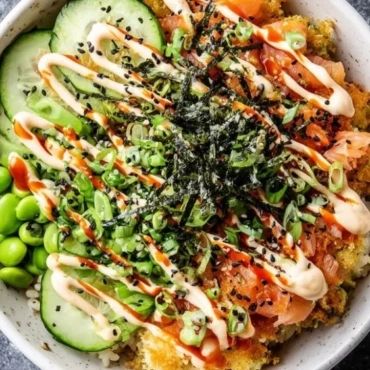 Delicious Crispy Rice Sushi Bowl topped with fresh ingredients