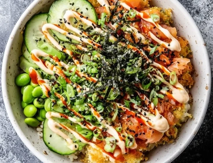 Delicious Crispy Rice Sushi Bowl topped with fresh ingredients