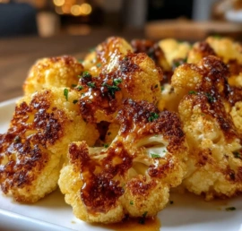 Bowl of crispy roasted cauliflower served on a wooden table