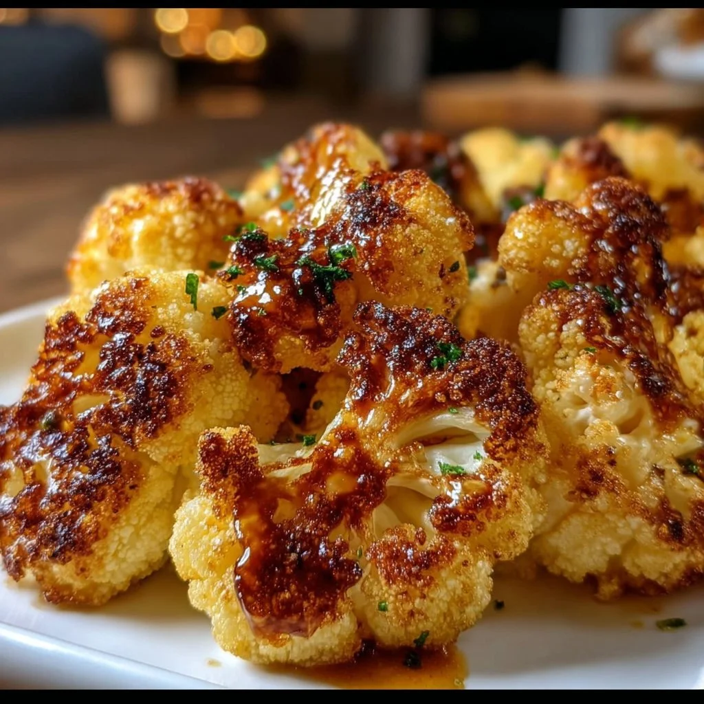 Bowl of crispy roasted cauliflower served on a wooden table