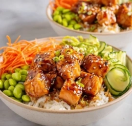 Plate of crispy salmon served with fluffy rice and garnished with herbs