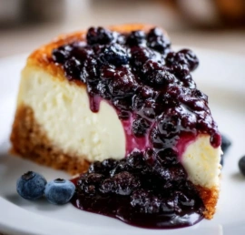 Delicious blueberry cheesecake topped with fresh blueberries and whipped cream.