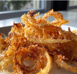 Bowl of homemade crispy onion chips ready to be enjoyed as a snack