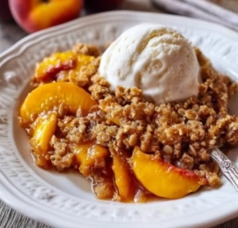 Delicious easy peach crisp topped with golden oat crumble.