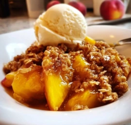 Delicious homemade peach crisp served in a bowl with ice cream on top.