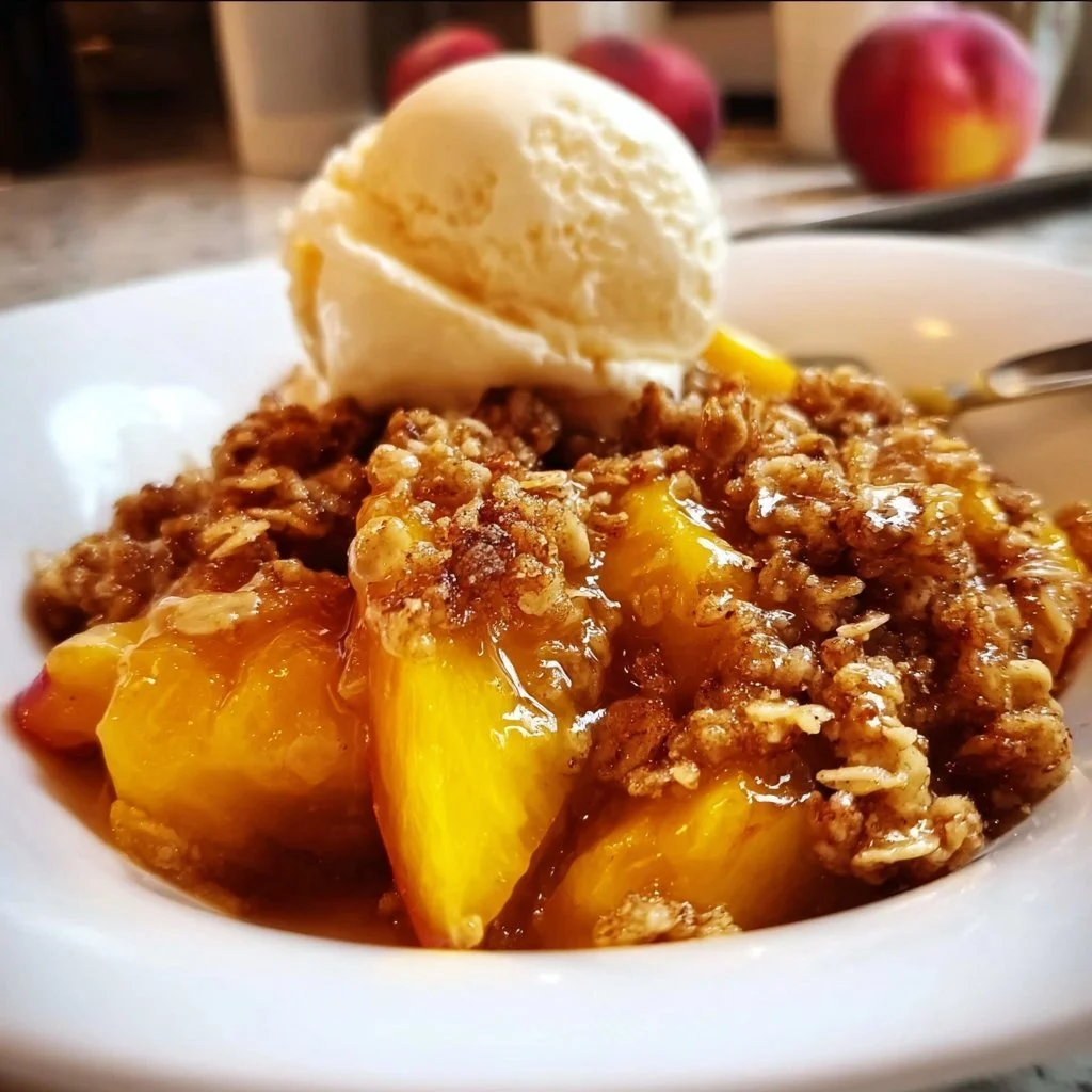 Delicious homemade peach crisp served in a bowl with ice cream on top.
