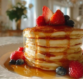 Gluten free pancakes stacked on a plate with maple syrup and fresh berries