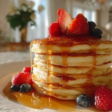 Gluten free pancakes stacked on a plate with maple syrup and fresh berries