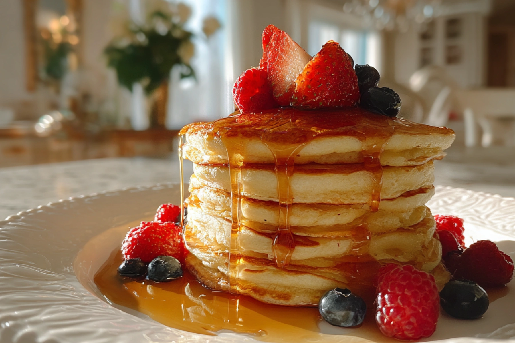 Gluten free pancakes stacked on a plate with maple syrup and fresh berries