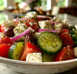 Greek salad with tomatoes cucumber red onion olives and feta in a white bowl