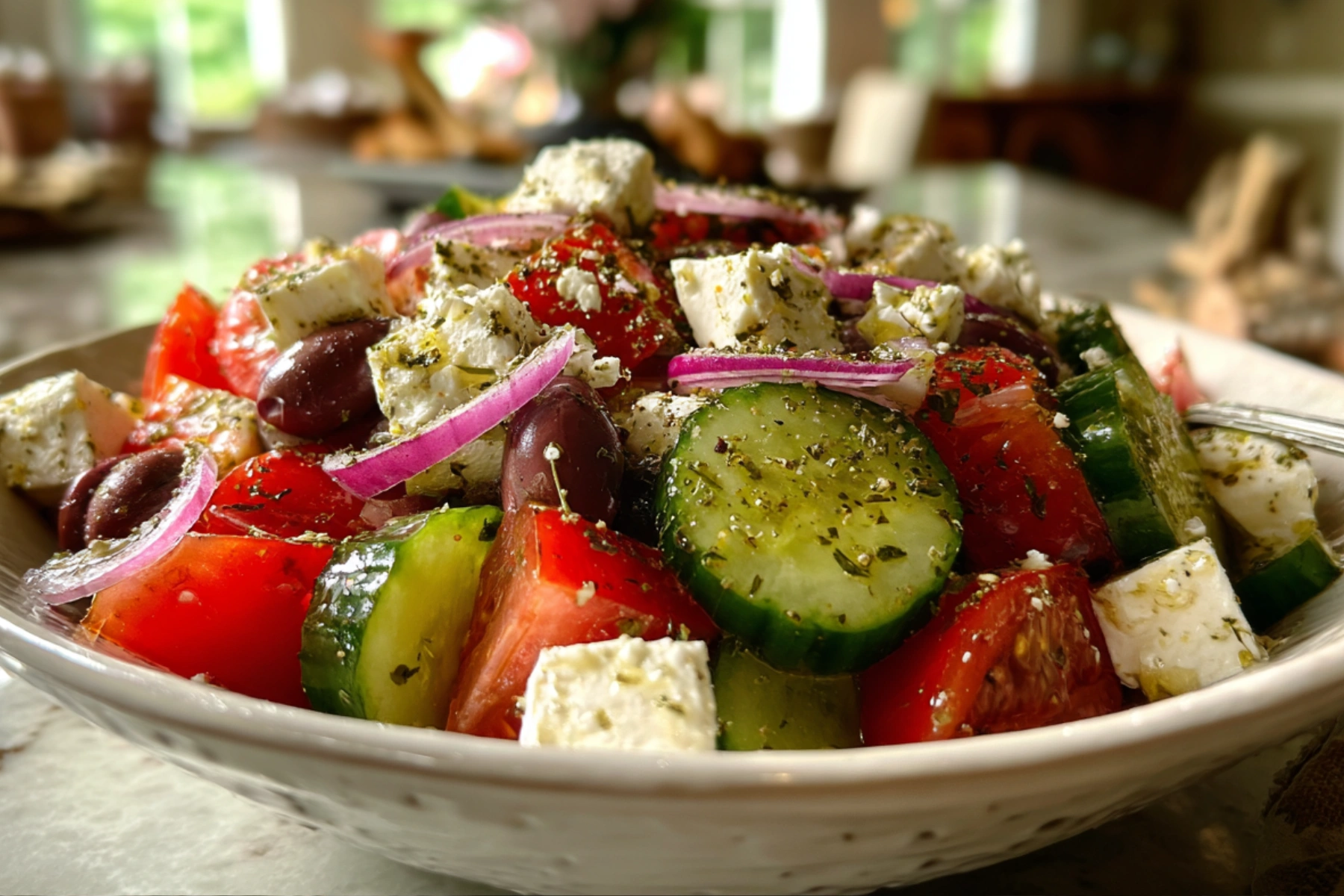 Greek salad with tomatoes cucumber red onion olives and feta in a white bowl