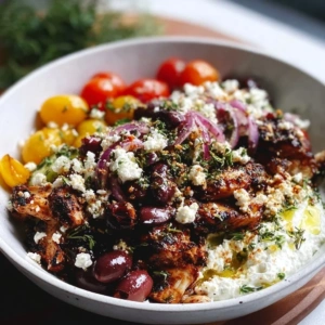 Healthy Greek Bowl with Whipped Feta: A Delicious Meal Prep Idea 2 Healthy Greek bowl with whipped feta, vegetables, and grains served in a rustic bowl.