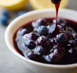 A jar of homemade blueberry syrup with fresh blueberries and pancakes
