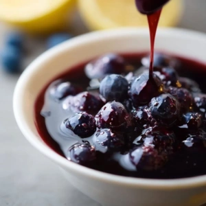 A jar of homemade blueberry syrup with fresh blueberries and pancakes