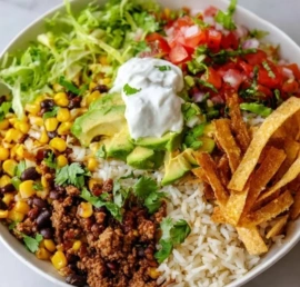 A colorful homemade burrito bowl filled with fresh ingredients and toppings.
