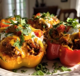 Keto taco stuffed bell peppers baked with melted cheddar and fresh cilantro