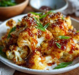 Korean Baked Cauliflower dish on a plate garnished with herbs