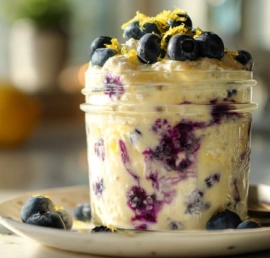 Lemon blueberry chia pudding in a glass jar topped with fresh blueberries and lemon zest