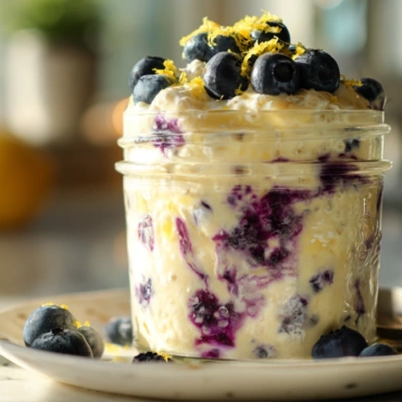 Lemon blueberry chia pudding in a glass jar topped with fresh blueberries and lemon zest