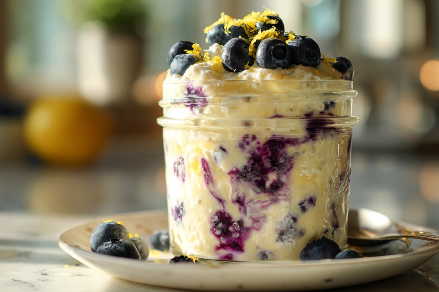 Lemon blueberry chia pudding in a glass jar topped with fresh blueberries and lemon zest